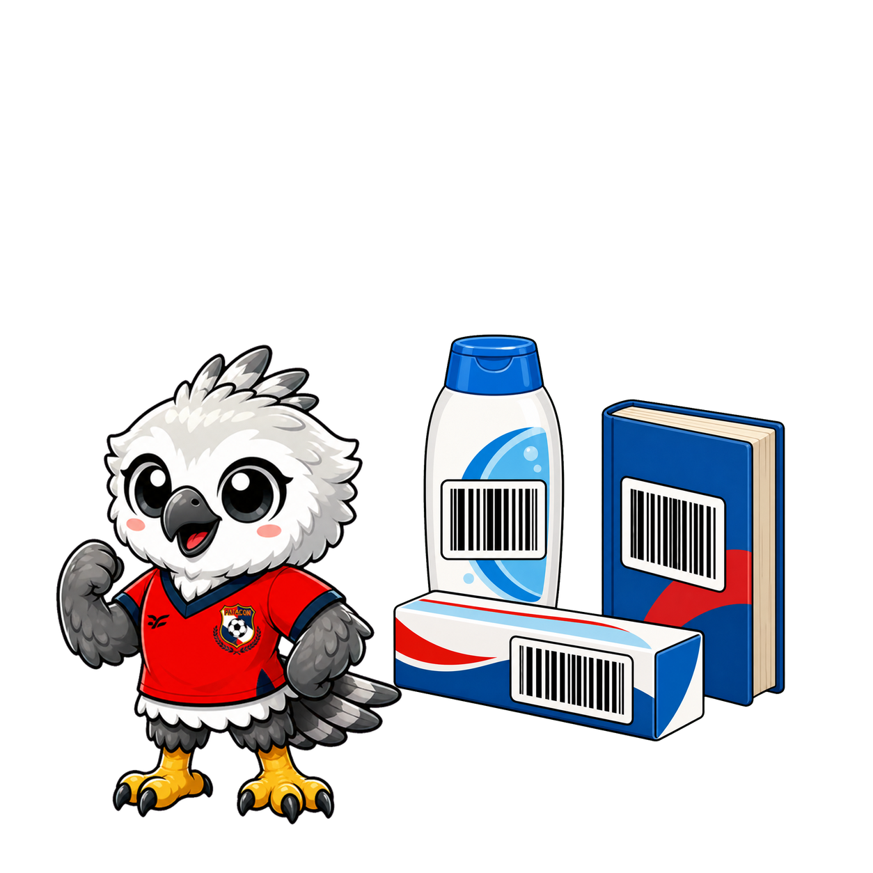 Harpy junto a un libro y productos cotidianos con códigos de barras